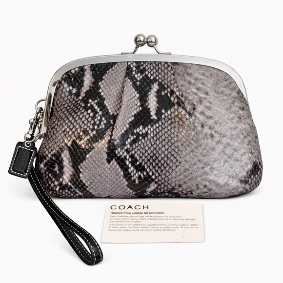 COACH Black and Gray Python Printed Leather Frames Kisslock Wristlet Clutch - Picture 1 of 11